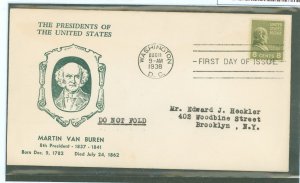 US 813 1938 8c Martin Van Buren (presidential/prexy series) solo on an addressed first day cover with a Hux cut cachet.