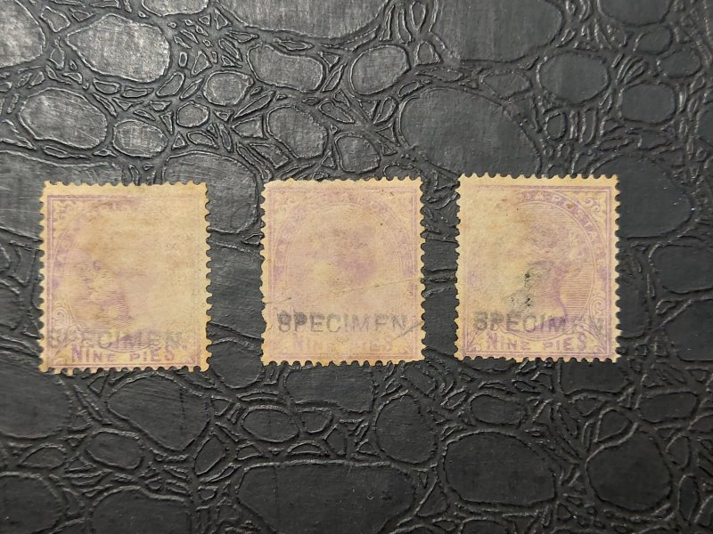 SPECIMEN Set of 3 India 1874 Queen Victoria 9p Pale Mauve SG#78 WMK Elephant