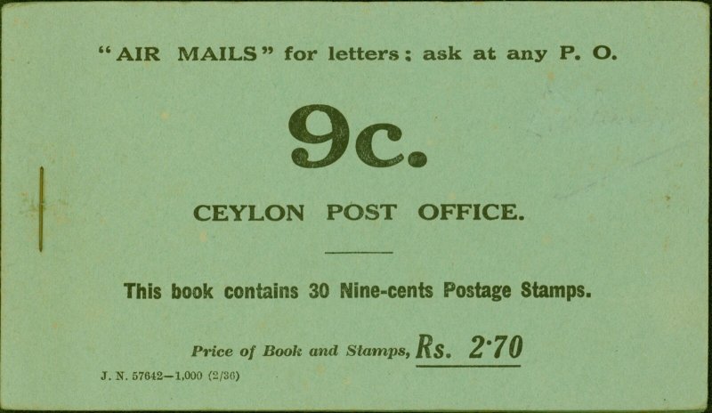 Ceylon 1935 2R.70 Booklet SGSB14a J.N 57642-1,000 (2-36) Containing 30 x 9c i... 