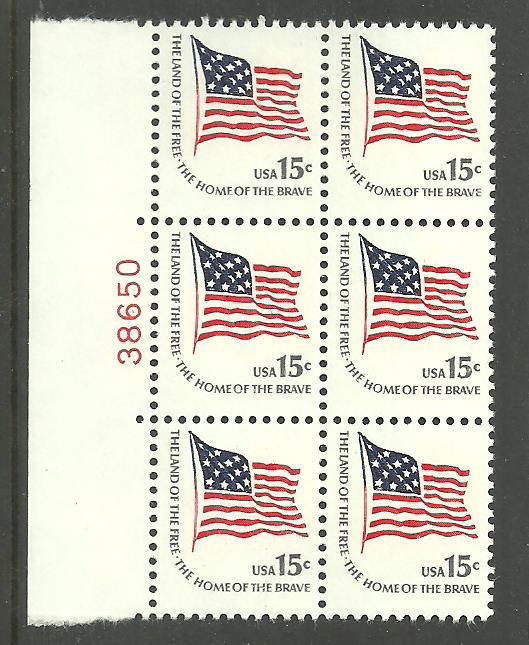 #1597 Ft. McHenry Flag Block of 6 with plate Number Mint NH
