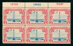 US Stamp #C11 Beacon 5c - Plate Block of 6 - 2 Plate #'s Red Top - CV $57.50