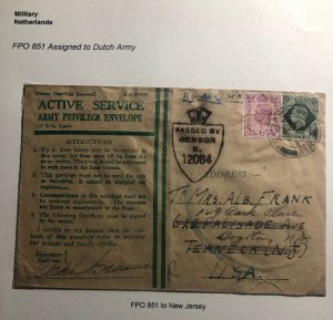 1944 Dutch Army Field Post Censored OAS Cover To Teaneck NJ USA