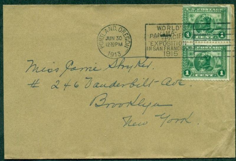 1913 PAN PACIFIC EXPO CANCEL ties 1¢ pair + letter on EXPO STATIONERY