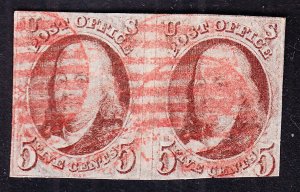 US 1 5c Franklin Used Pair w/ Red Grid Cancels SCV $1100 