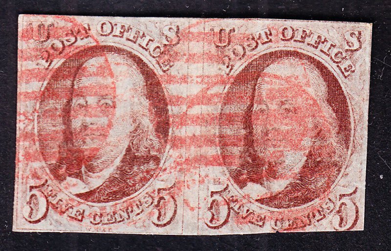 US 1 5c Franklin Used Pair w/ Red Grid Cancels SCV $1100