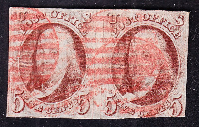 US 1 5c Franklin Used Pair w/ Red Grid Cancels SCV $1100 