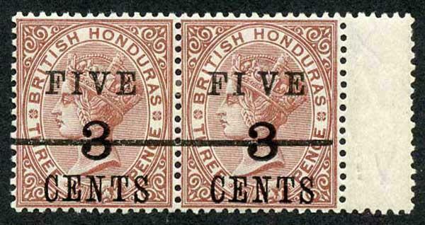 British Honduras SG49a 3c on 3c on 3d Brown Wide Space between I and V M/M