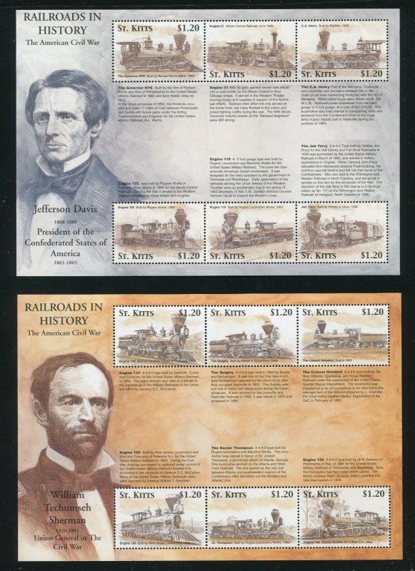 St. Kitts 467 - 483 Railroads in American Civil War Complete Stamp Set MNH 2001 