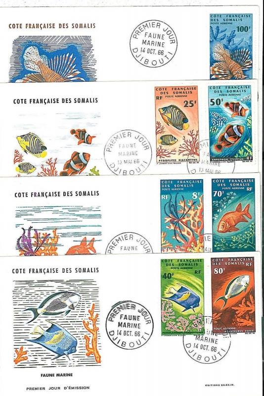 FISH -  STAMPS on 4 FDC COVERS - DJIBOUTI 1966