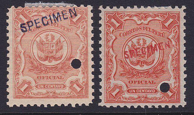 PERU 1909 OFFICIAL 1c(2) optd SPECIMEN in red or black+ security punch hole.7982