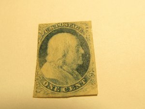 US Stamps, Scott #7, 1c Blue - Type II - Franklin - Used - 1851, A Relief Plate2