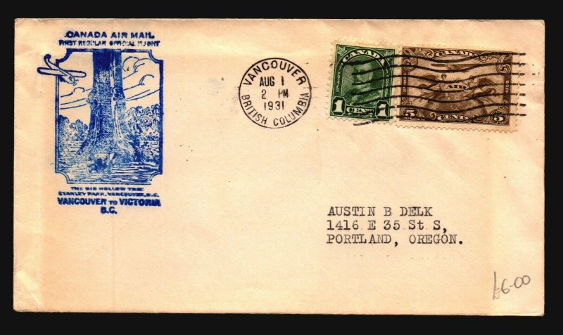 Canada 1931 FFC Victoria to Vancouver / Light Crease - L2035