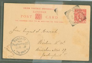 Zanzibar  1902 1 Anna carmine on buff, used to Germany, long message, minor soiling