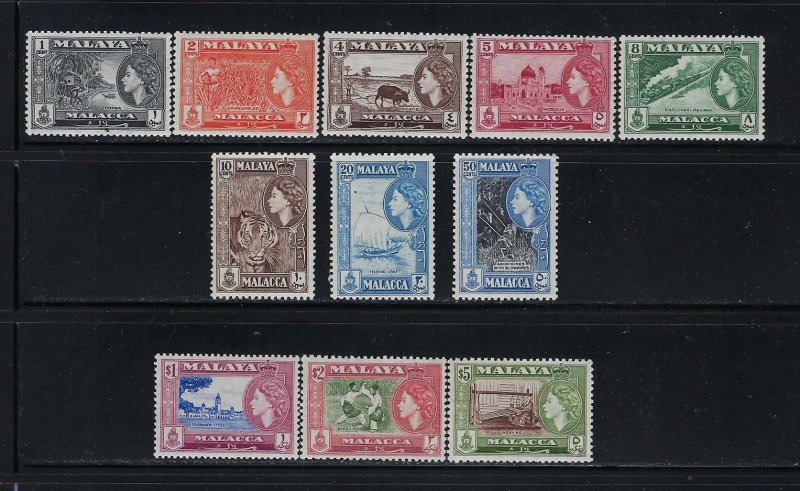 MALAYA  MALACCA- SCOTT #45-55 1957 QEII SET-  MINT XTRA LIGHT HINGED