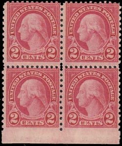 United States 1923 2¢ Washington Mint Block With Imperforate Bottom Margin