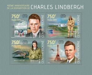 CENTRAFRICAINE 2014 SHEET CHARLES LINDBERGH AVIATORS PLANES AIRPLANES AVIATION