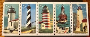 US # 2474a Lighthouses Bklt pane of 5 25c 1990 Mint NH