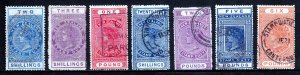 NEW ZEALAND — BAREFOOT 235/259 — 1882 POSTAL FISCALS (7)— FISCALLY USED — CV £22