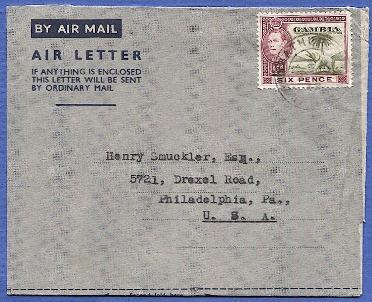 GAMBIA 1948 6d KGVI Elephant/Palm Tree on Formula Air Letter BATHURST to USA