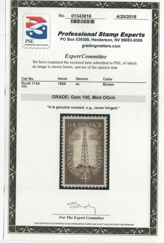 #1134 Graded Gem 100 Mint OG NH w/PSE Cert. SMQ $160 (JH 7/27)