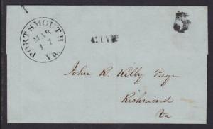 US 1837 Stampless Cover, PORTSMOUTH, VA CDS, PAID 5, VF