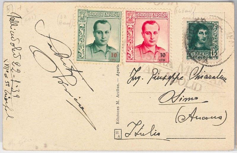 SPAIN  España - POSTAL HISTORY - JUAN ANTONIO on POSTCARD postal to ITALY 1939
