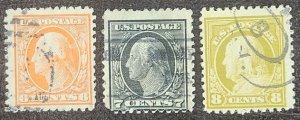 US Scott 506-508; 3 used Washington/Franklin issue of 1917; F/VF centering
