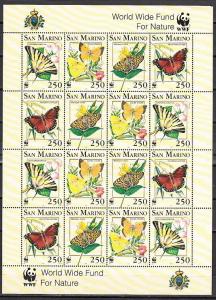 San Marino, Scott cat. 1281-1284. Butterflies-World Wildlife Fund sheet of 4.