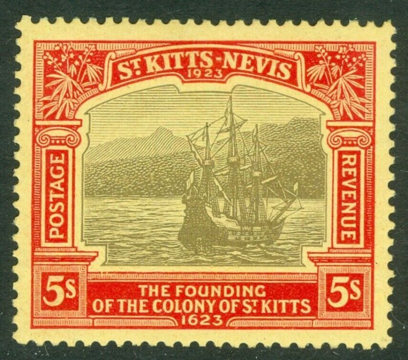 SG 59 St Kitts Nevis 1923. 5/- black & red/pale yellow. Fine mounted mint...