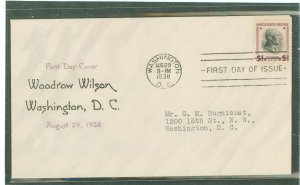 US 832 1938 $1.00 Woodrow Wilson (part of the Presidential/prexy series) single on an addressed first day cover with a Louis Nix