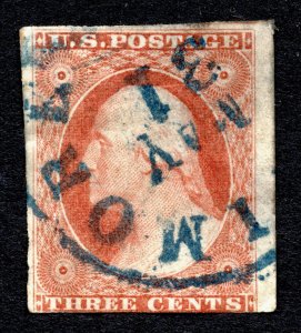 US 1851 3¢ Washington Orange Brown Stamp #10A Used CV $145