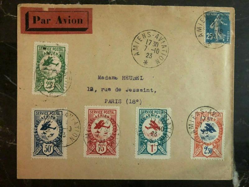 1923 Amiens France Early Airmail Cover to Paris first airmail stamp set #C1-6