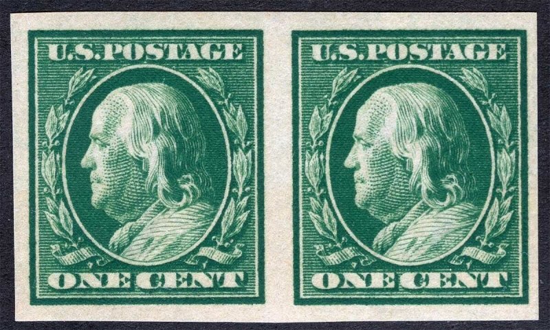 US Sc 383 Green 1¢ 1910 Imperf Pair SLWmk Original Gum Lightly Hinged