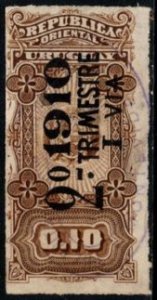 1910 Uruguay Revenue 1 Centésimo Coat Of Arms General Tax Duty Overprinted