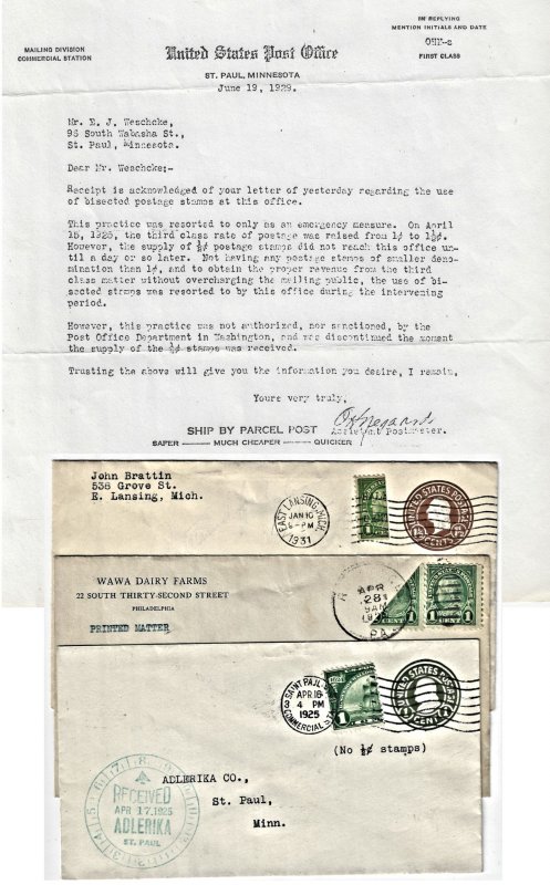 1925-31 - Bisected stamp covers & postmaster letter explaining use.    E1296