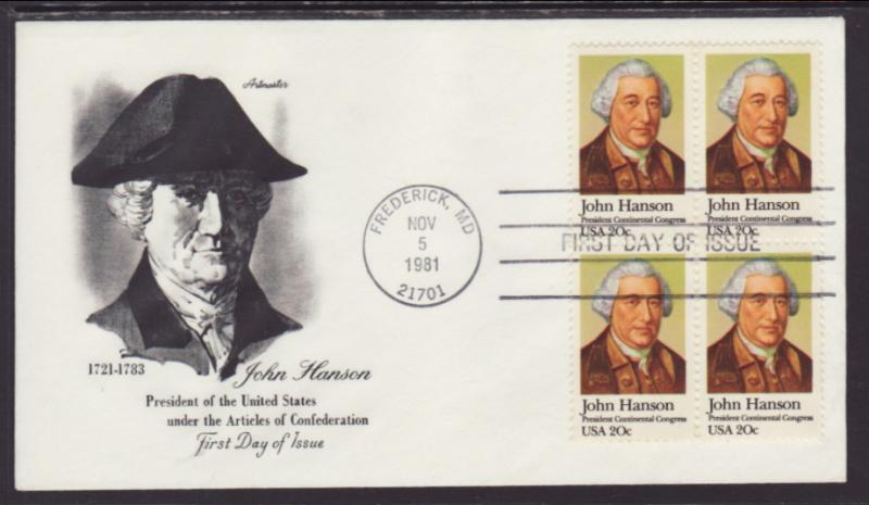 US 1941 John Hanson B/4 Artmaster U/A FDC