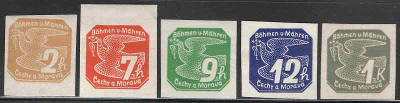 CZECHOSLOVAKIA Bohemia & Moravia 1939 Sc P1,P3-P4,P6,P9  Mint LH Carrier Pigeon