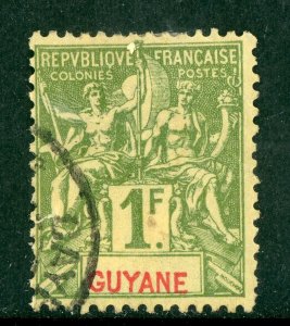 Guiana 1892 French Colony Guyane 1 Franc Scott #49 VFU I527