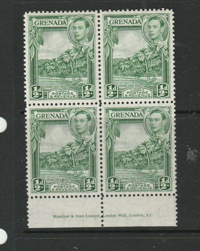 Grenada 1938/50 1/2d Yellow Green, P12.5, Imprint block 4, MM & UM/MNH SG 153