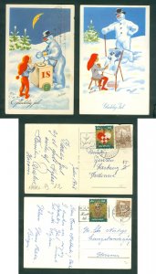 Denmark. 1956. 2 Christmas Card. Used, Seal. Artist: A. Axelsen. Santa, Snowman