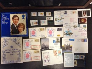 British Colonies Fancy Tin Filled With Royalty Stamps, Covers,Postcards, Lot