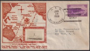 Pago Pago Samoa 1938 Crosby Naval Ship cover via U.S.S. Milwaukee light cruiser