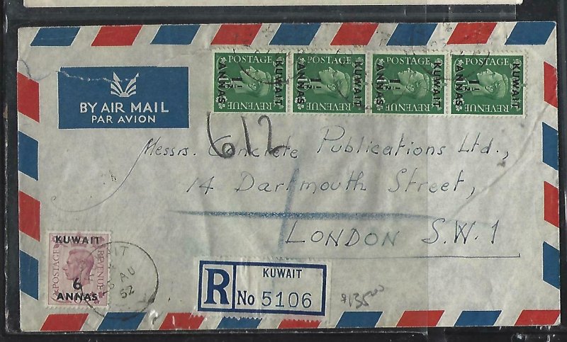 KUWAIT   (PP2408B)  1952  ON GB  1 1/2AX4+6A/6D REG A/M TO ENGLAND