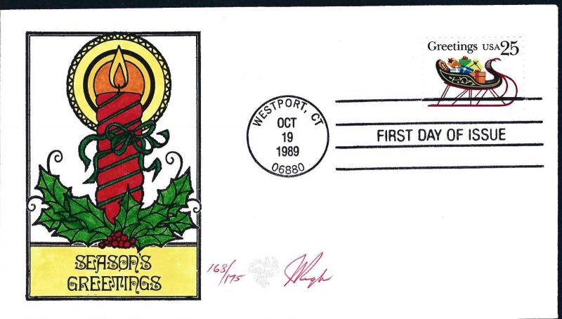 Beautiful Pugh Designed and Painted FDC Season Greetings 1989  #12 of only 175