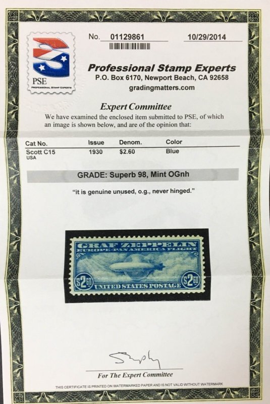 MOMEN: US #C15 GRAF ZEPPELIN MINT OG NH PSE GRADED CERT SUP-98 LOT #95407