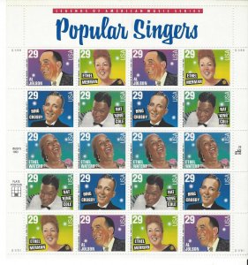 Scott 2849-2853 Popular Singers Mint Not Hinged Pane of 20 .29 Cent Stamps