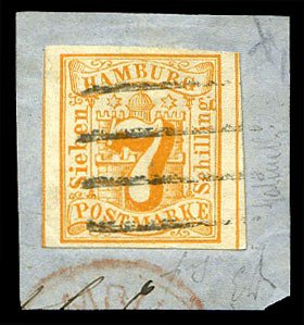German States, Hamburg #6 (Mi. 6), 1859 7s orange, used on piece, huge margin...