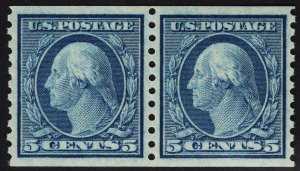 GRADED 95 XF-SUP US #496 5c Blue Washington Coil Pair MINT NH SMQ $125. PSE CERT