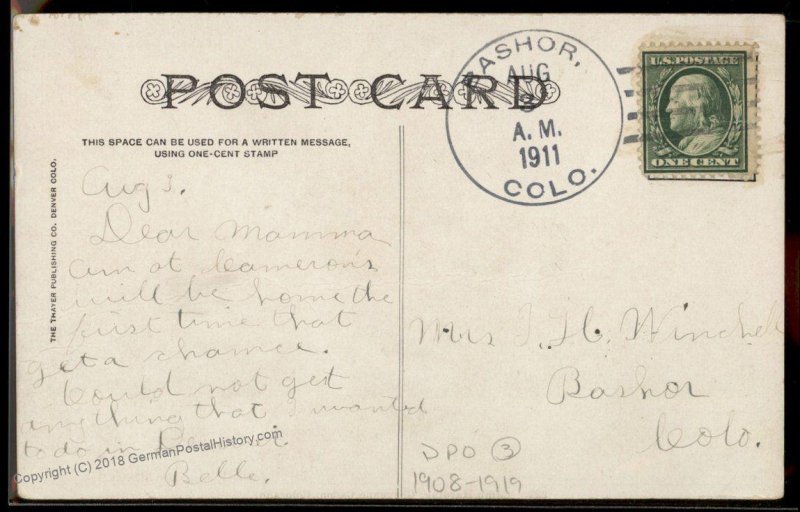 USA 1911 BASHOR Colorado DPO Cover Camp Harding Postcard 94212