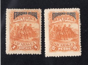 Nicaragua 1892 1c & 5p yellow brown Officials, Scott O21, O29 MH, value = 50c